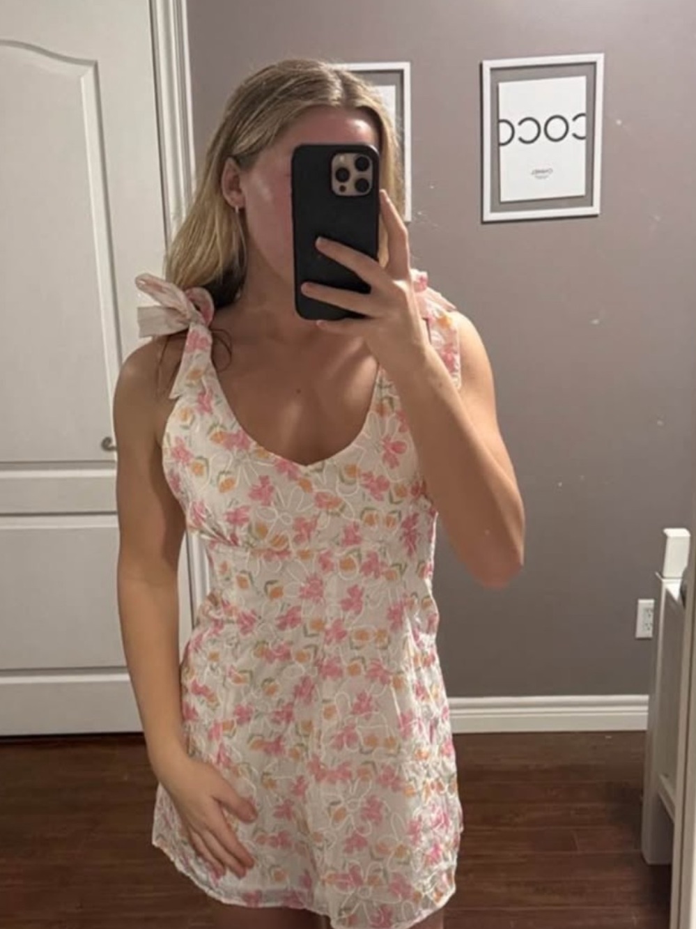 Floral Tie-Shoulder Mini Dress in Pink and Cream